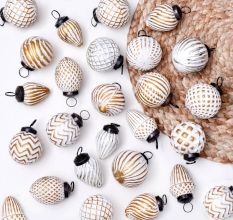 Set of 12 Glass White and Brown Christmas Hanging For Tree Decoration